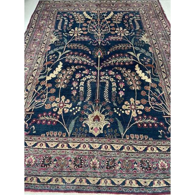 Textile 1930s Midnight Indigo TREE OF LIFE Seafoam Almond Rug 8.7 x 11.9 For Sale - Image 7 of 18