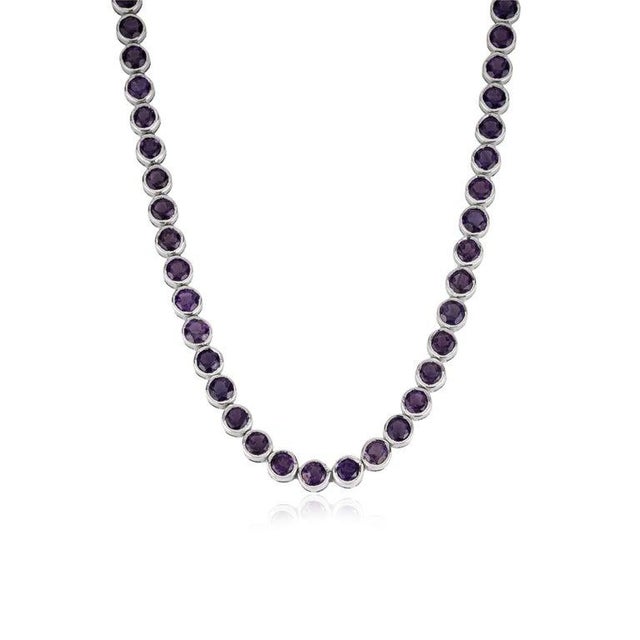 Round Cut Deep Purple Amethyst Gemstone Tennis Necklace- Silver Jewelry by Caratandher For Sale - Image 9 of 12