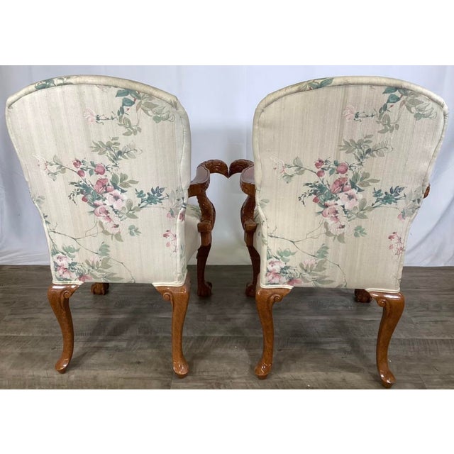 Weiman Mid-Century Weiman Furniture Carved Mahogany Georgian Style Figural Lounge Chairs - A Pair For Sale - Image 4 of 12