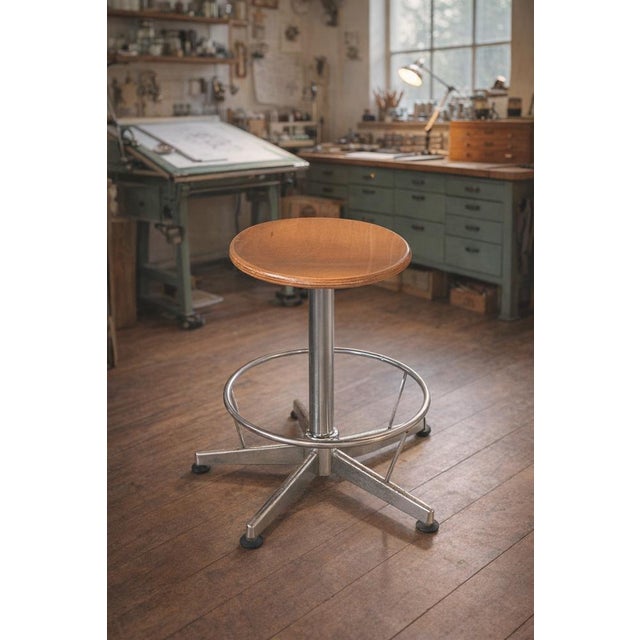 Industrial Industrial Technical Stool in Wood and Metal, 1970s For Sale - Image 3 of 13