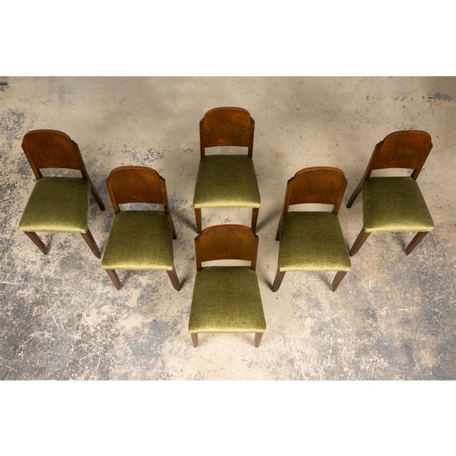 Set of 6 French Art Deco Walnut Dining Chairs in Olive Green Velvet, 1930s For Sale - Image 4 of 18