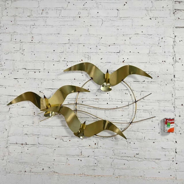 Brass Mid Century Modern 1985 C Jere Brass Plated Bird Flock of Seagulls Wall Sculpture Signed For Sale - Image 8 of 13
