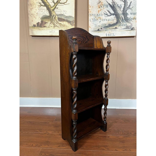 English Petite Antique English Bookcase Bookshelf Barley Twist Tiger Oak Display C1920 For Sale - Image 3 of 18
