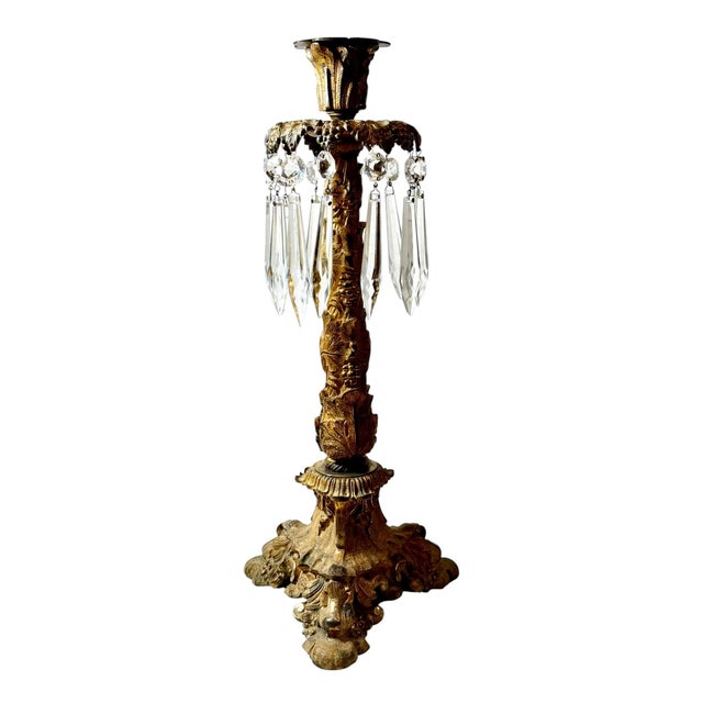 French 19th Century French Dore Bronze Candlesticks With Crystal Prisms - A Pair For Sale - Image 3 of 7