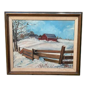 Snowy Meadow Farm Scene Folk Art Landscape Painting Oil on Canvas Signed Mid 20th Century