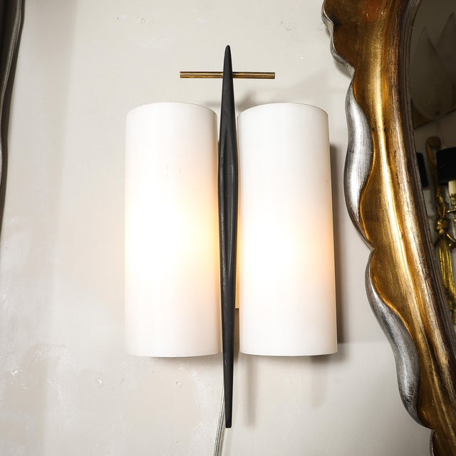 Mid-Century Frosted Glass, Brass & Black Enamel Sconce by Maison Arlus For Sale - Image 11 of 11