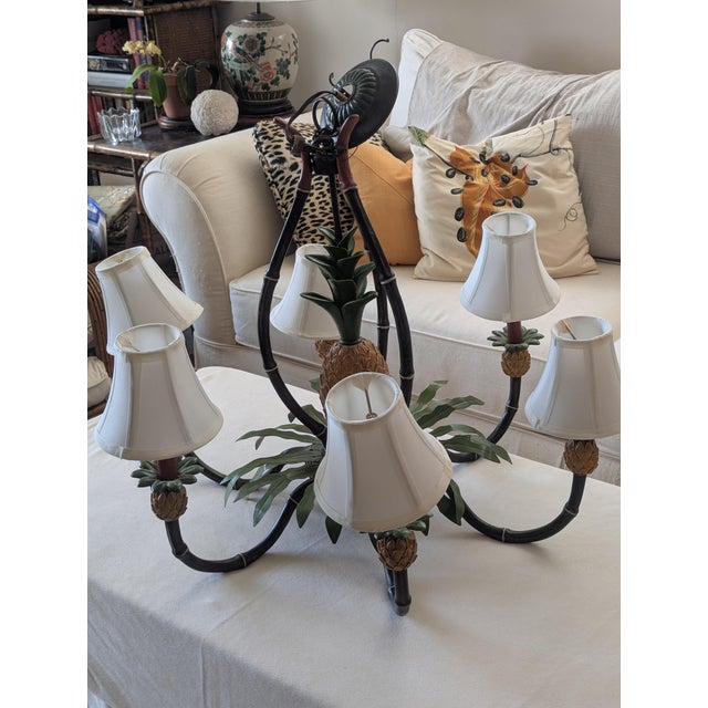 Vintage British Colonial Pineapple & Faux Bamboo Chandelier — Artist-Repainted by Anne Yates Burst, Indies Landing, Winter Park Fl For Sale - Image 14 of 16