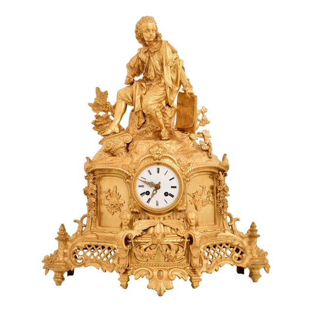 French Napoleon III Gilt Bronze Figural Mantel Clock, Early 19th Century For Sale