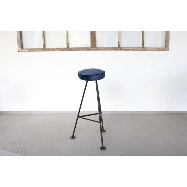 1960s Set of Bar Stools in Iron and Blue Velvet, 1960s For Sale - Image 5 of 11