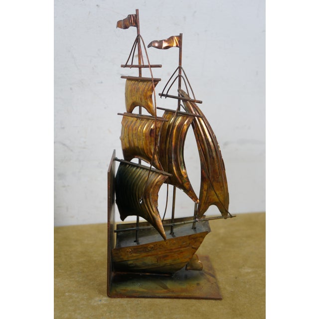 Metal Mid Century Brass Nautical Maritime Sailboat Clipper Ship Library Bookends For Sale - Image 7 of 13