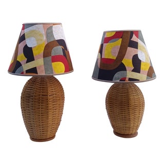 Woven Wicker Lamps, 1970s, Set of 2 For Sale
