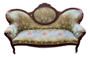 Vintage Victorian Style Hand-Carved Mahogany Floral Tapestry High Cameo Back Sofa