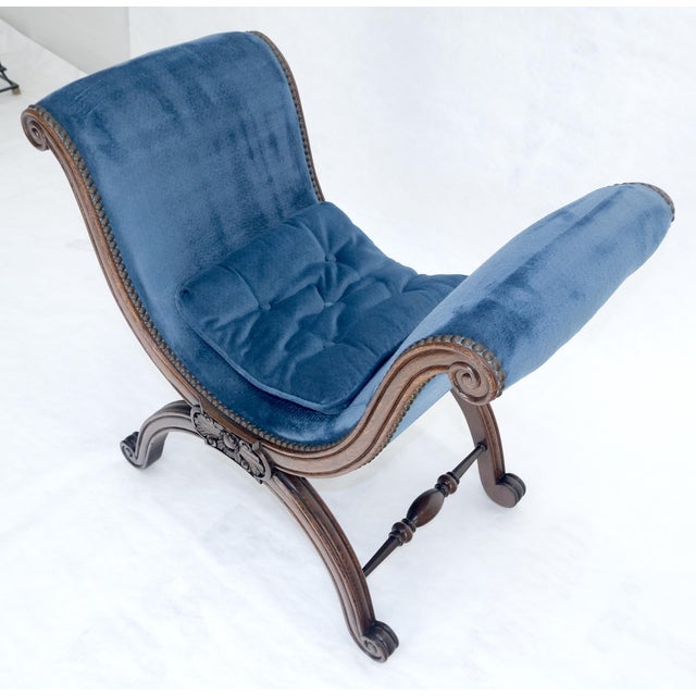 French Carved Wood Scissor Shape Blue Velvet Upholstery Bench For Sale - Image 11 of 13