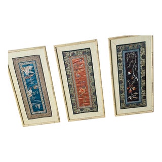 Three Antique Chinese Chinoiserie Embroidered Silk Oanels Framed For Sale