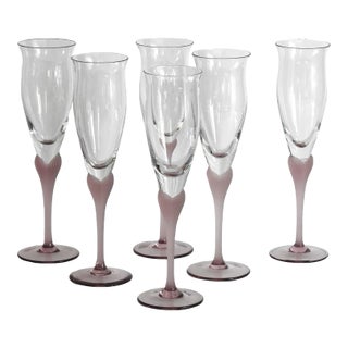 1990s Mikasa Sea Mist Amethyst Hearts Champagne Flute Glasses Set of 6 For Sale
