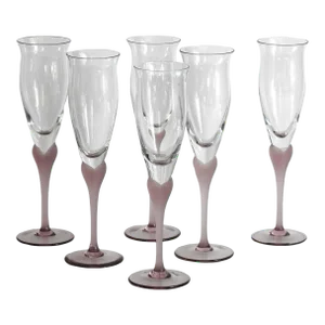1990s Mikasa Sea Mist Amethyst Hearts Champagne Flute Glasses Set of 6
