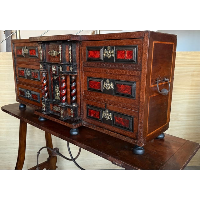 Brown Early 19th Century Spanish Walnut Bargueño Cabinet on Stand With Iron Stretcher For Sale - Image 8 of 17