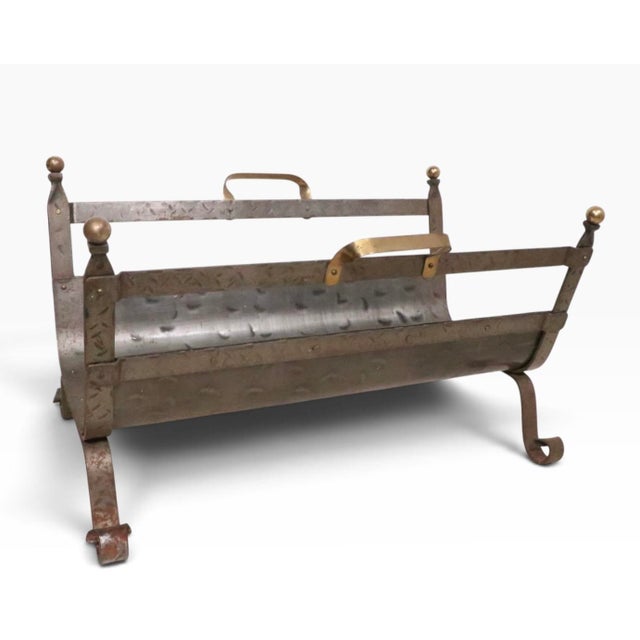 Mid 20th Century Arts and Crafts Style Iron and Brass Firewood Log Holder For Sale - Image 10 of 13