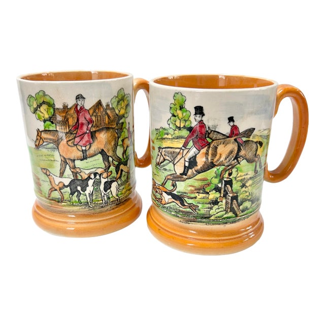 Vintage Hunting Scene Mugs English Fox Hunt Tankards, Equestrian Horse Decor - Arthur Wood England - Set of 2 For Sale