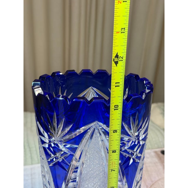 Glass 1960s German Cut to Clear Cobalt Oval Starburst Vase For Sale - Image 7 of 12