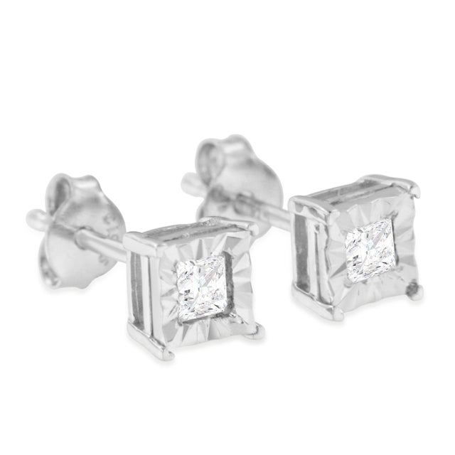 Early 21st Century .925 Sterling Silver 1/4 Cttw Miracle Set Princess-Cut Diamond Solitaire Stud Earrings, A Pair For Sale - Image 5 of 6