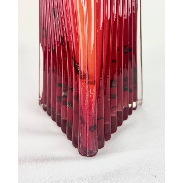 Vintage Murano Style Ruby Red Art Glass Purse Vase With Clear Handle & Aventurine Flecks For Sale - Image 12 of 12