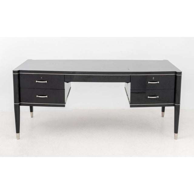 De Coene Freres Art Deco Style Black Lacquered Desk, with chrome-plated hardware, one side with two single-door storage...