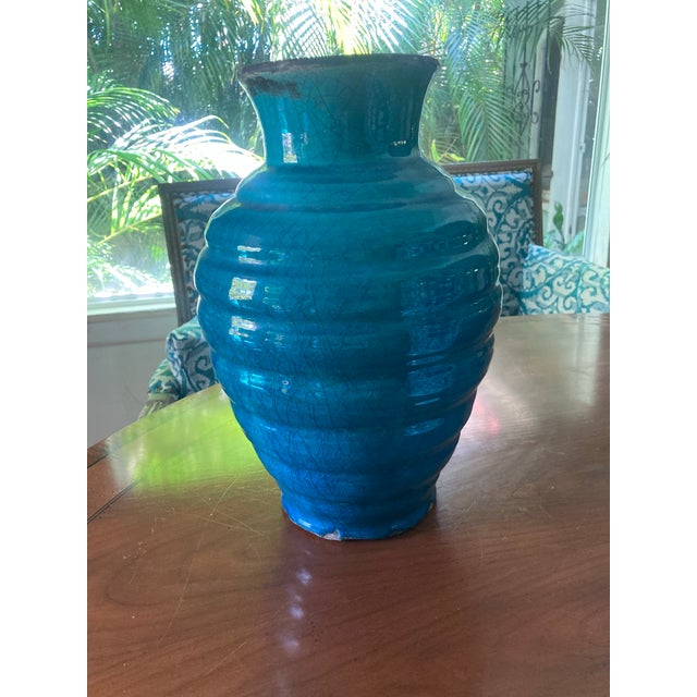 1990s 1990s Mediterranean Style Blue Crackle Glazed Vase With Glossy Finish For Sale - Image 5 of 5