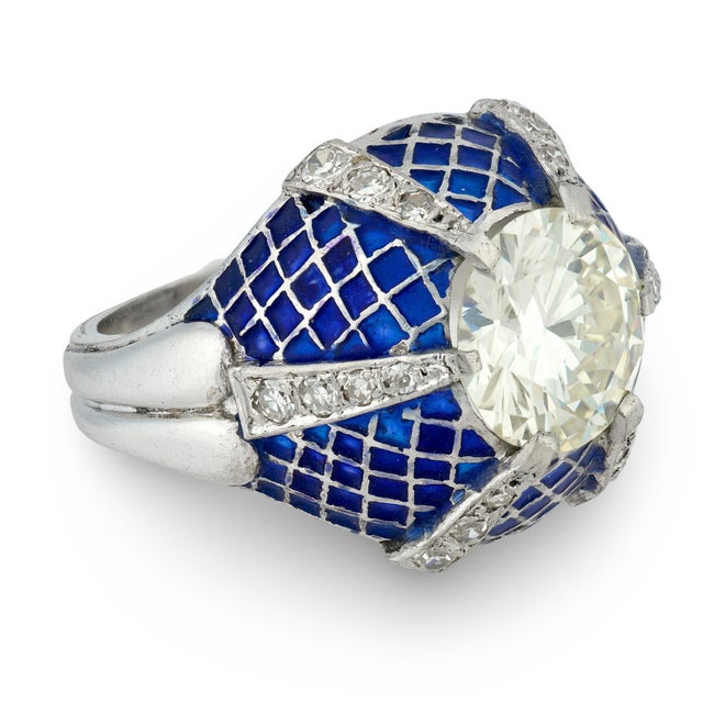 1960s Mid Century Gia 3.21 Carat Round Brilliant Cut Diamond Platinum Enamel Ring, Size 8 For Sale - Image 4 of 7