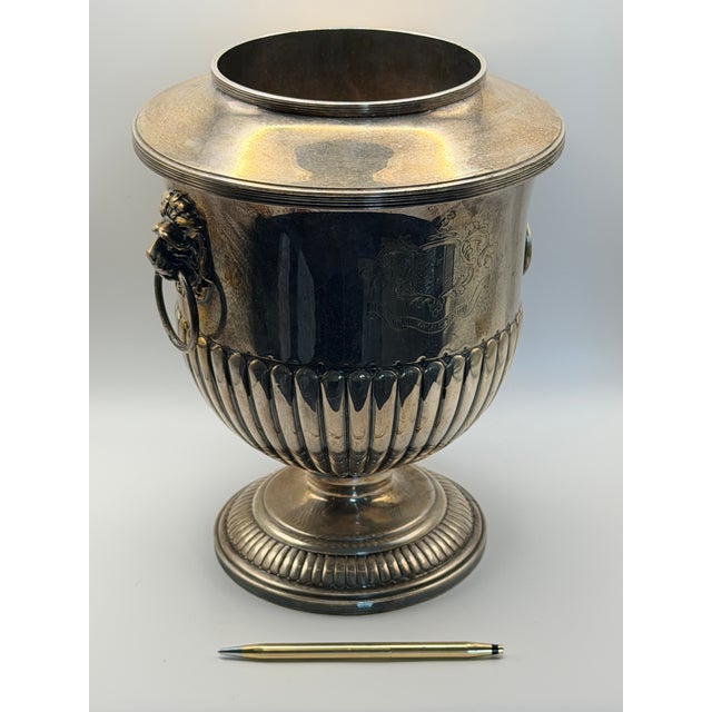 Vintage Silver Plate Lion Handle Ice Bucket / Champagne Cooler – Neoclassical Urn Form Barware For Sale - Image 4 of 8