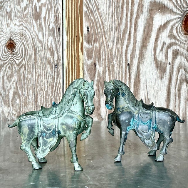 Vintage Boho Bronze Temple Horses - Set of 2 For Sale - Image 4 of 6