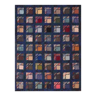 1920s Multicolor Geometric Antique Log Cabin American Hooked Rug 2'7" X 3'3" Handknotted Wool Carpet For Sale