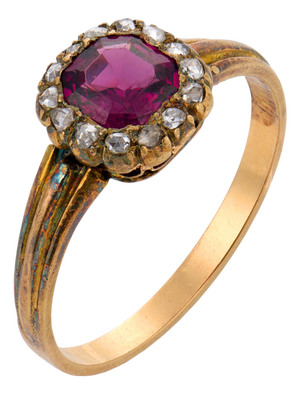 Early 20th Century Victorian Rubellite Diamond 18k Yellow Gold Cluster Ring, Size 9