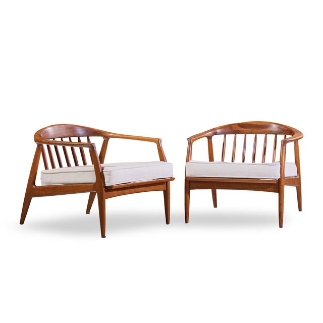 Milo Baughman for Thayer Coggin Mid Century Walnut Horseshoe Lounge Chairs - Pair Each chair measures: 28.25 wide x 28.75...