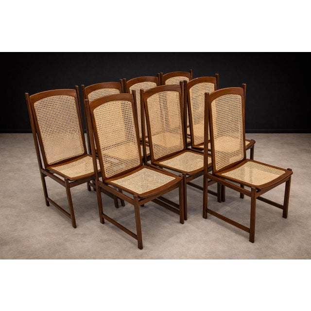 Mid-Century Modern Set of Eight Dining Chairs in Hardwood and Caning by Celina Decorações, Brazil, C. 1960s For Sale - Image 3 of 13