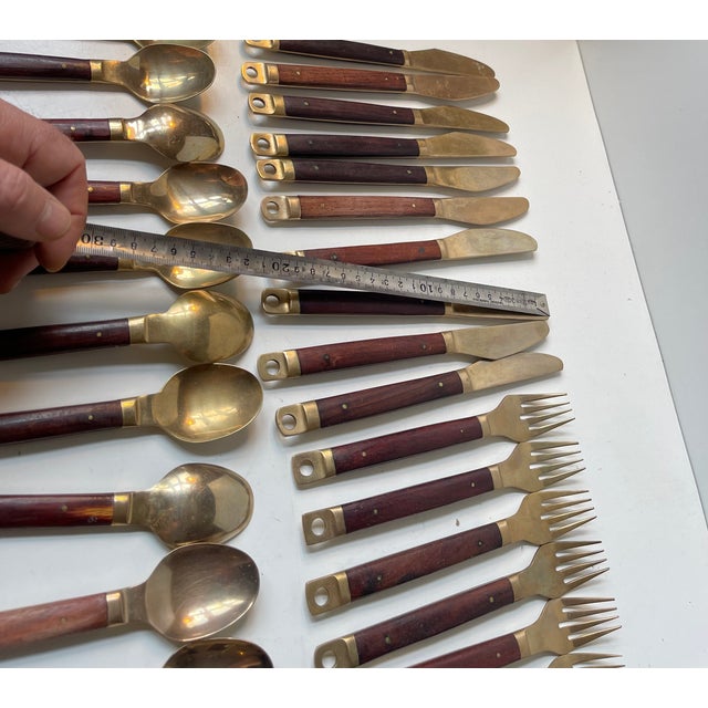 Brown Modern Danish Brass and Teak Cutlery from Carl Cohr, 1960s, Set of 48 For Sale - Image 8 of 13