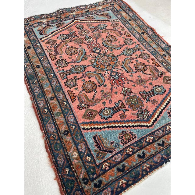 Antique Hamadan Rug Coral-Pink & Sky Blue Water Garden Rug 2.7 x 3.4 For Sale In Milwaukee - Image 6 of 10