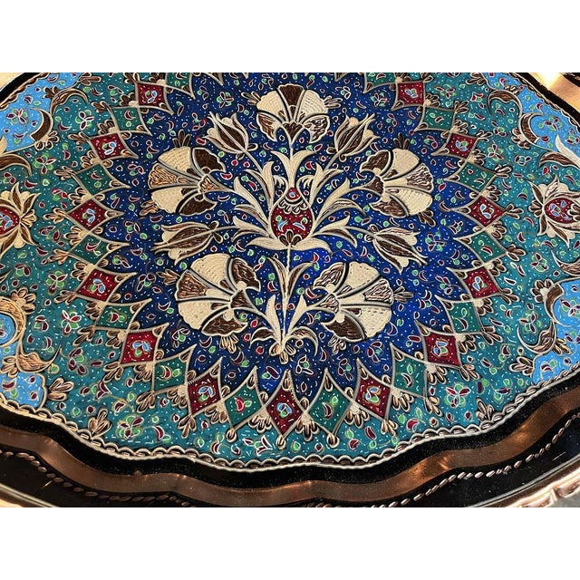 Floral decorative tray with handles made by copper. Handmade multicolor design, perfect for serving. Great for displaying...