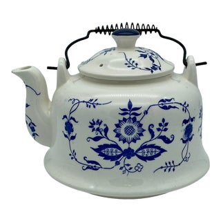 Vintage Blue & White Hand Painted Ceramic Tea Kettle For Sale