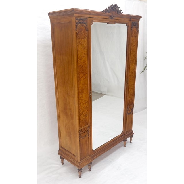 Early 20th Century Mint Fine French Carved Burl Satin Wood Beveled Mirror Door Armoire Wardrobe For Sale - Image 5 of 15