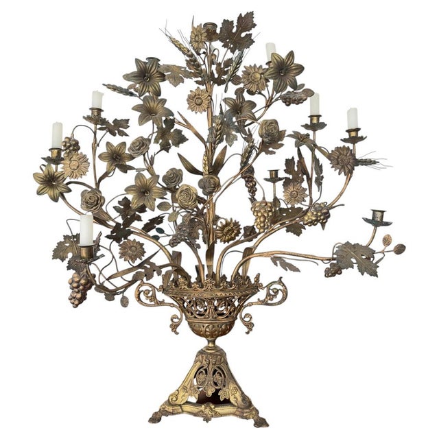 Goldenrod Napoleon Altar Candelabra with Seven Lights and Flower Bouquet Decoration, 1890 For Sale - Image 8 of 8