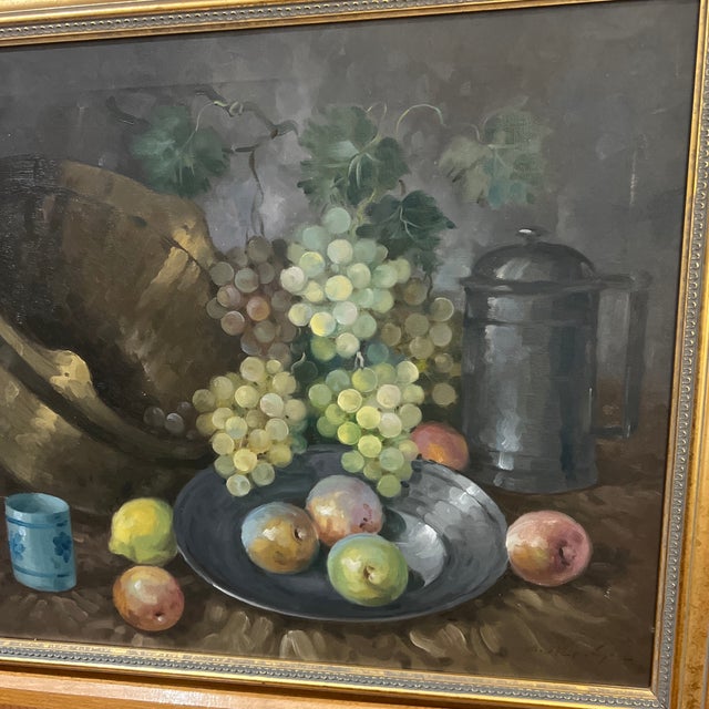 1970s 20th Century American School Tabletop Still Life Grapes and Fruits Framed Signed For Sale - Image 5 of 11