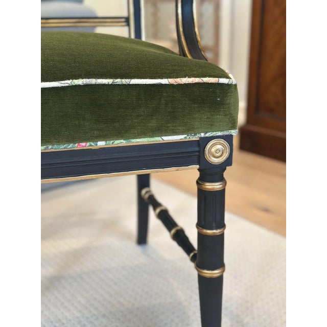 Traditional Antique Regency-Style Ebonized & Gilt Armchair With Cane Back & Green Velvet For Sale - Image 3 of 9