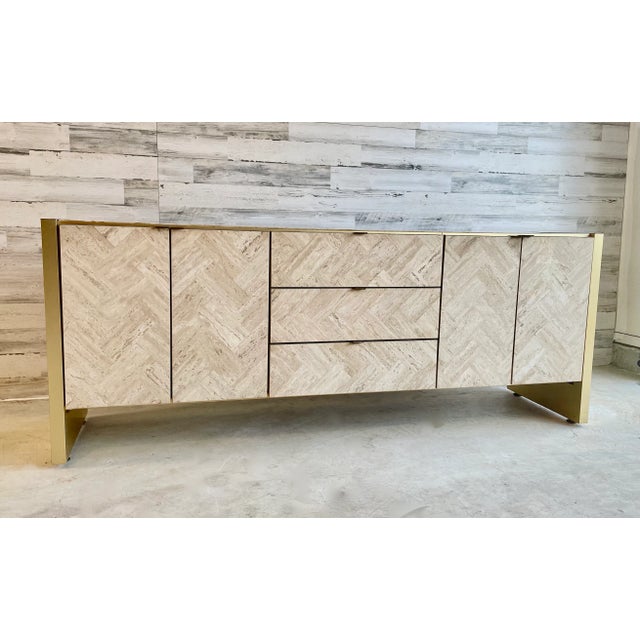 Mid 20th Century Ello Travertine and Brushed Brass Credenza For Sale - Image 5 of 13