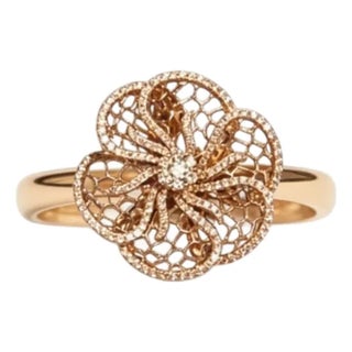 Late 20th Century 14K White Pink Rose Gold Diamond Filigree Floral Beehive Ring Estate, Size 6.5 For Sale