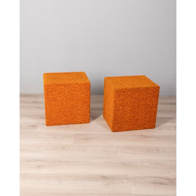 Pair of poufs with wooden structure and orange fabric covering, Italian design, 1980s.