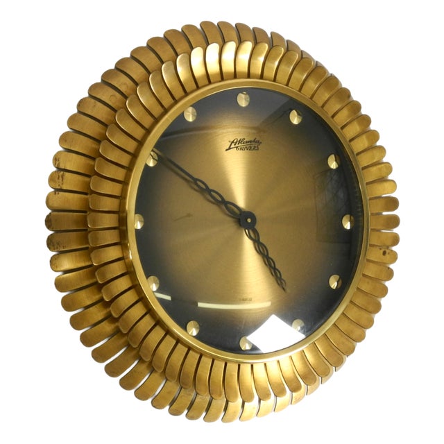 Mid-Century Sunburst Atlanta Universe Wall Clock in Brass with Mechanical Seven-Day Movement, 1950s For Sale