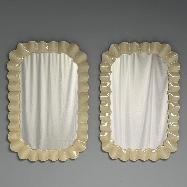 Modern Ruffle Wall Mirrors, White Murano Glass, Brass, Italy, 21st C. For Sale - Image 4 of 14