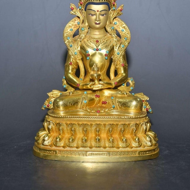 Gold Late 19th Century Gilt Bronze Amitayus Buddha Statue With Turquoise Inlays, 871g For Sale - Image 8 of 8