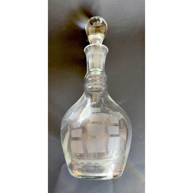 Transparent Vintage Etched Ship Schooner Decanter and Glasses Set of 6 For Sale - Image 8 of 13